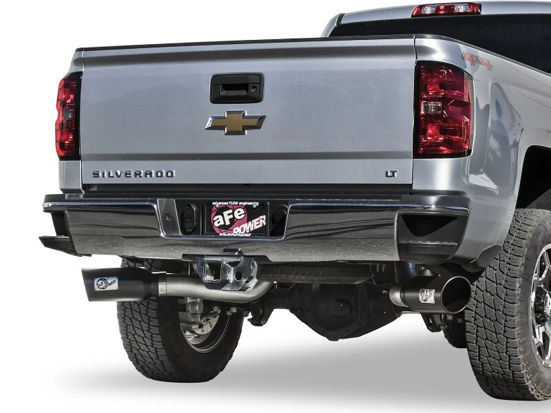 aFe Atlas Auspuff 4in Dual DPF-Back Al Stahl mit schwarzen Spitzen 16-17 GM Diesel Truck V8-6.6L (td) LML