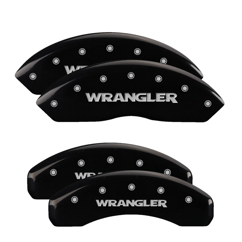 MGP 4 Bremse Caliper Abdeckungen Graviert Vorne & Hinten Wrangler Schwarz Finish Silber Char 2018 Jeep Wrangler