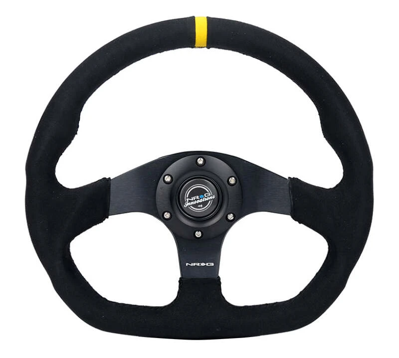 NRG Reinforced Steering Wheel (320mm) Sport Alcantara Flat Bottom w/ Yellow Center Mark