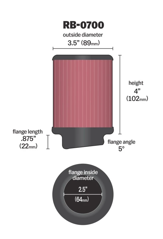 K&N Universal Rubber Filter 2.5 inch 5 Degree FLG 3.5 inch OD 4 inch Height