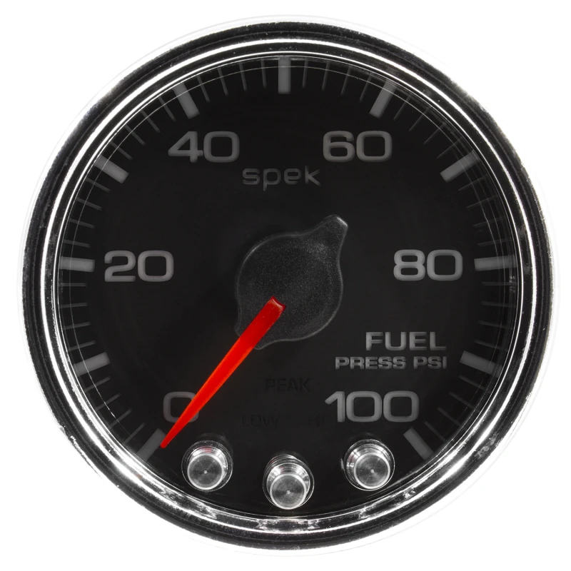 Autometer Spek-Pro-Benzindruckanzeige 2 1/16in 100psi Schrittmotor mit Spitzen- und Warnfunktion Schwarz/Chrom