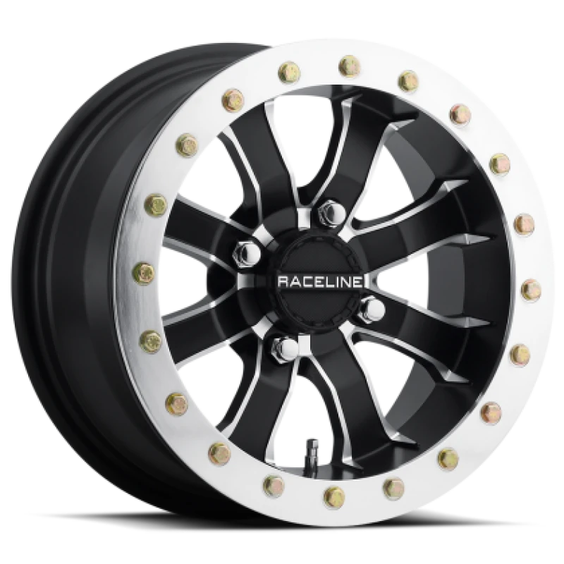 Raceline A71 Mamba 14x10in/4x156 BP/5+5 0mm Offset/132.5mm Bore - Blk & Machined Ring Beadlock Wheel