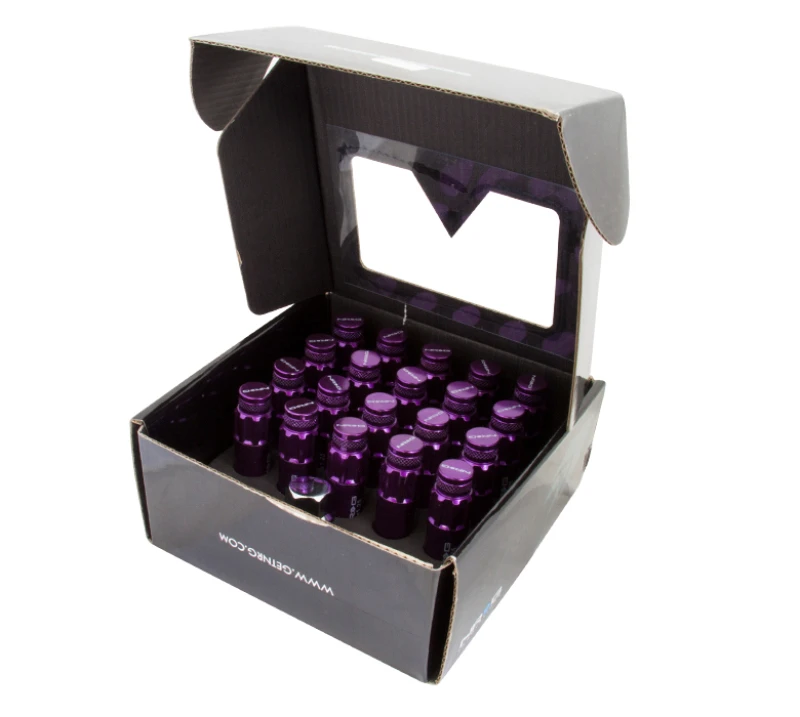 NRG 700 Series M12 X 1.25 Stahl Radmuttern Set mit Staubkappen und Schloss – Lila