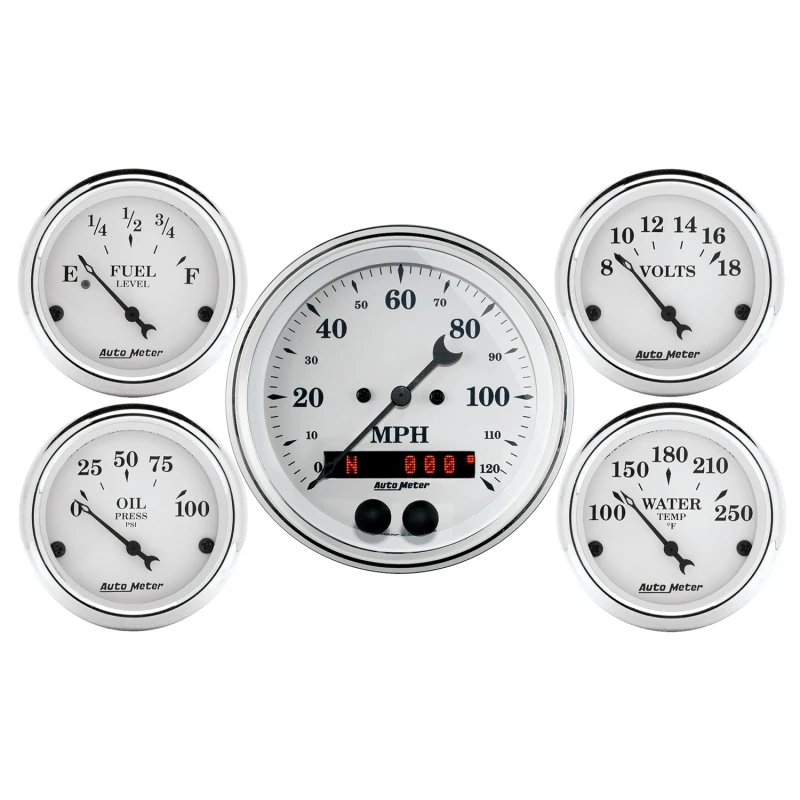 Auto Meter Tachometer 3-3/8 Zoll und 2-1/16 Zoll 5-teiliges Old Tyme Weißes Messgeräte-Kit