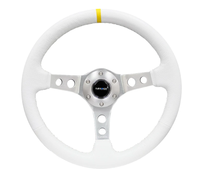 NRG Reinforced Steering Wheel (350mm / 3in. Deep) Weißes Leder mit Silbernen Speichen und Einem Gelben Markierungspunkt