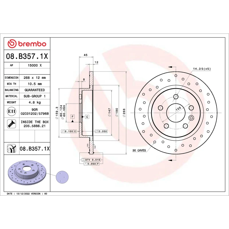 Brembo OE 2015 Chevrolet Cruze Drilled Xtra Brake Disc - Rear