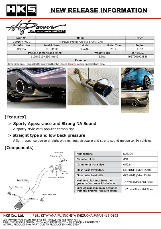 HKS Hi-Power Muffler mit Carbon Tip für 2014+ Honda Fit Sport GK5