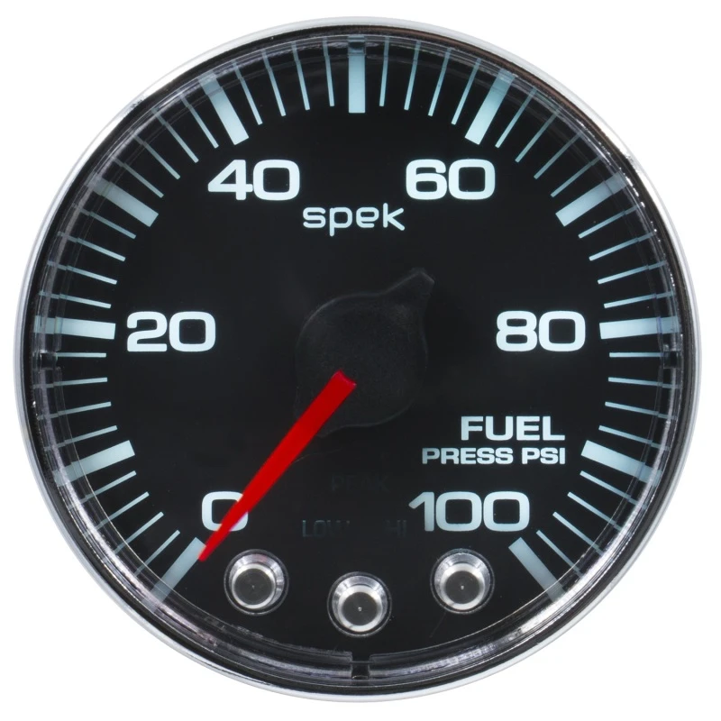 Autometer Spek-Pro Gauge Fuel Press 2 1/16in 100psi Stepper Motor W/Peak & Warn Blk/Chrm