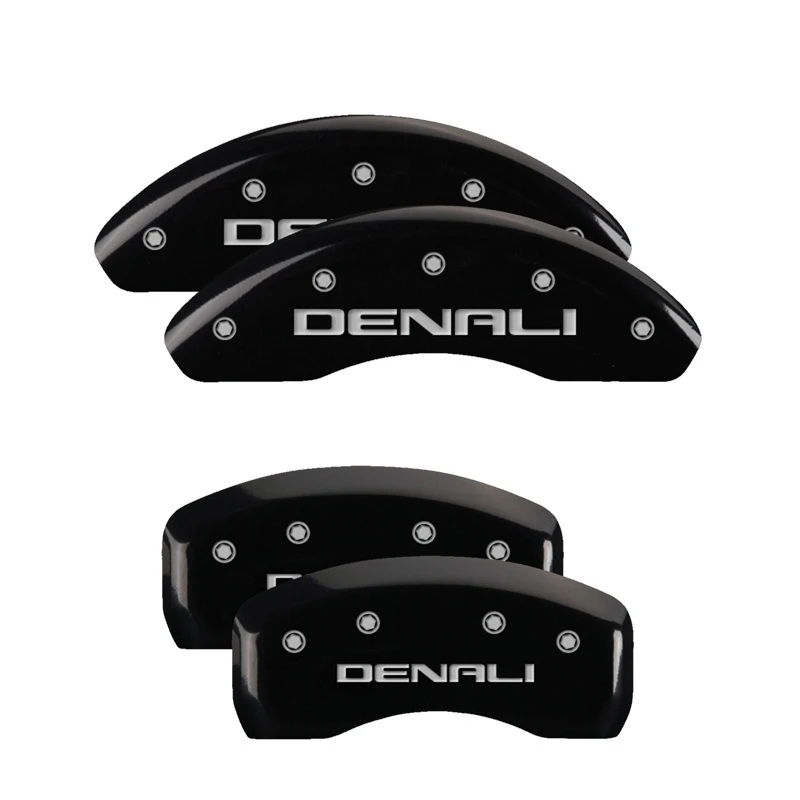 MGP 4 Bremseinsatz-Abdeckungen Graviert Vorne & Hinten Denali Schwarz Finish Silber