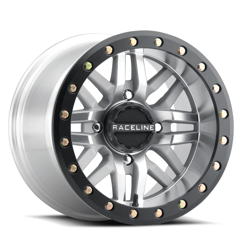 Raceline A91MA Ryno 14x7in/4x156 BP/10mm Offset/132.5mm Bore - Machined & Black Ring Beadlock Wheel