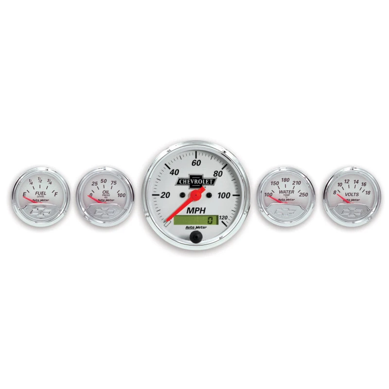 Autometer Arctic White GM 5-teiliges Kit mit elektrischem Tacho, elektrischem Öldruck, Wasser-Temperatur, Voltmeter und Kraftstoffstand