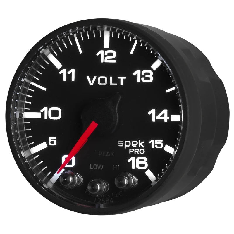 AutoMeter-Voltmeter 2-1/16 Zoll 16V Schrittmotor mit Peak- und Warnfunktion, Schwarz/Schwarz, Spek-Pro
