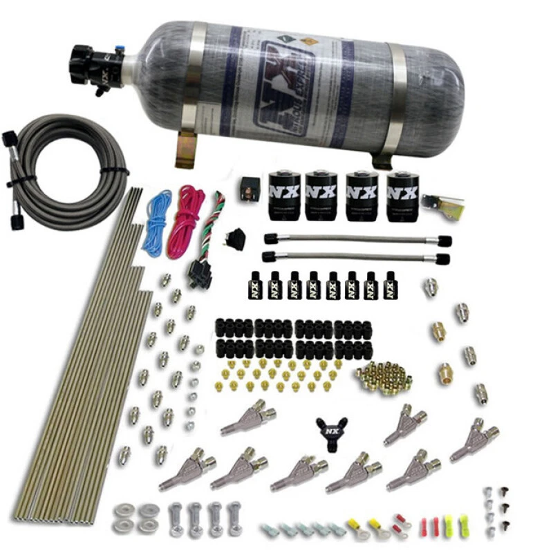 Nitrous Express STD Nozzle Nitrous Kit (200-500HP) Gas w//Dist Block & 4 Solenoids w/15lb Bottle