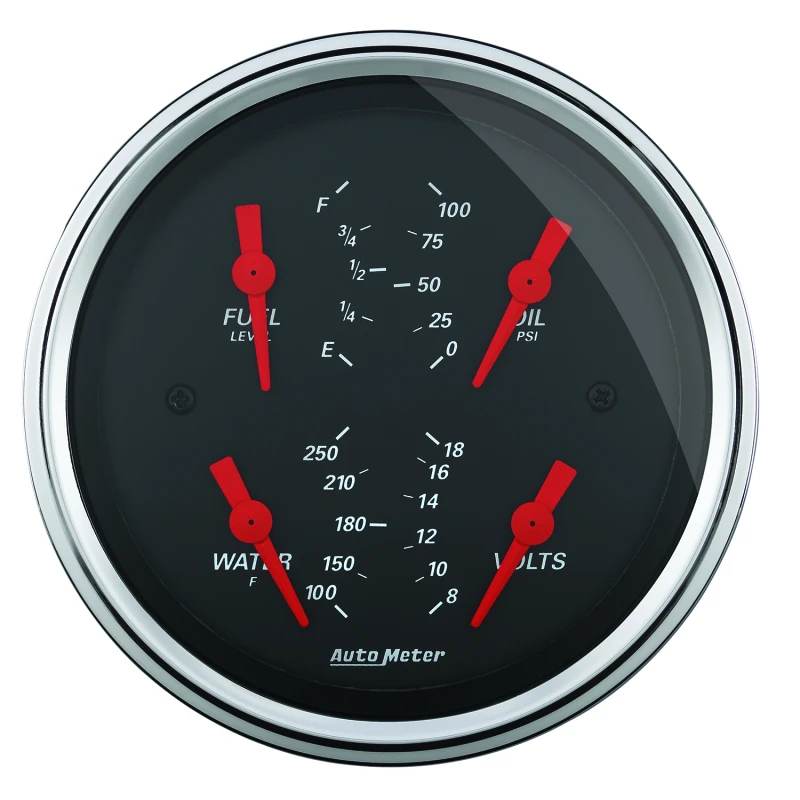 Autometer Designer Black 3.375in Quad Gauge - Fuel Level / Oil Pressure / Water Temp. / Voltmeter