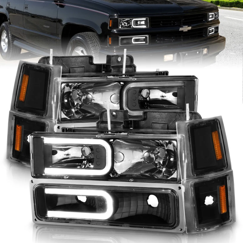 ANZO 88-98 Chevrolet C1500 Kristall-Scheinwerfer mit Lichtleiste, schwarzes Gehäuse, mit Signal- und Seitenmarkierungen, 8 Stück