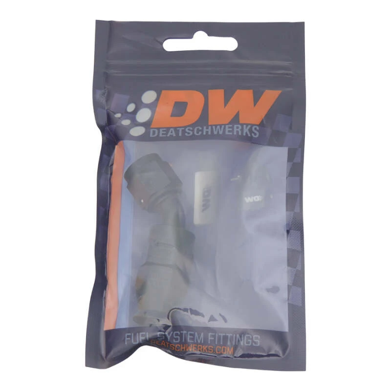 DeatschWerks 6AN Weibliche Schwenk-45-Grad-Schlauchend-PTFE (Inkl. 1 Olive-Einsetz) - Elnoxiert Mattschwarz