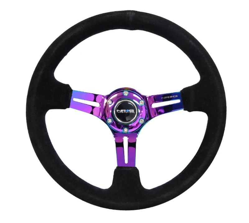NRG Reinforced Steering Wheel (350mm / 3in. Deep) Black Suede/Black Stitch w/Neochrome Slits