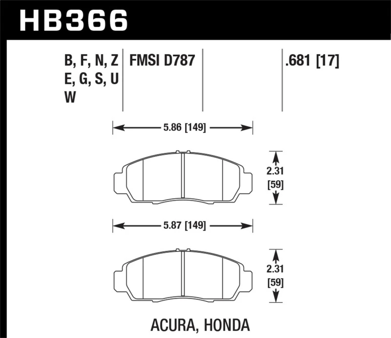 Hawk 04+ Accord TSX / 99-08 TL / 01-03 CL / 08+ Honda Accord EX HP+ Straßen-Bremsbeläge vorne