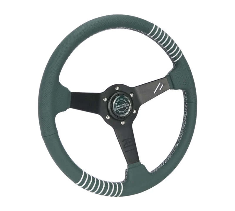 NRG Steering Wheel 1.5in Dish 350mm Black Perforated Leather - Emerald Stitching - Reinforced Spoke